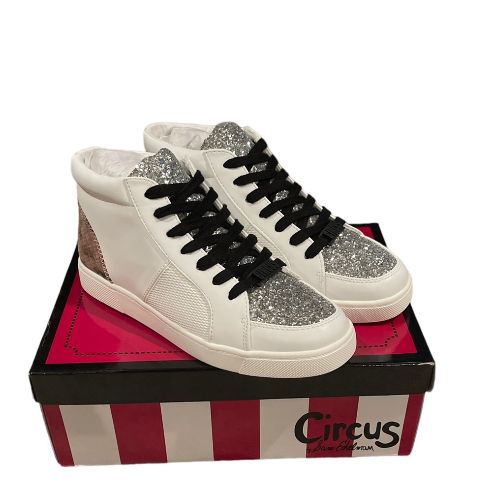 CIRCUS BY SAM EDLEMAN DESZI MID-TOP SNEAKERS IN WHITE/SILVER GLITTER - NIB!
